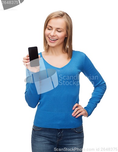 Image of smiling woman with black blank smartphone screen