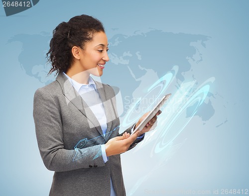 Image of smiling woman looking at tablet pc