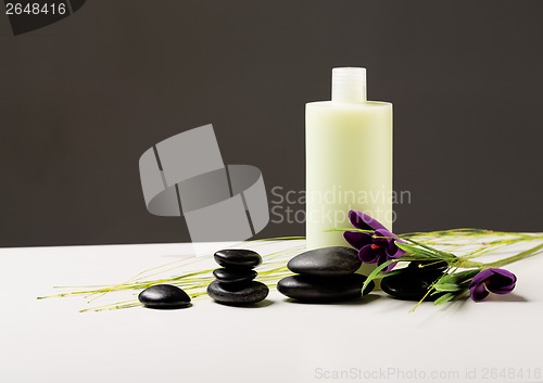 Image of shampoo bottle, massage stones and iris flower