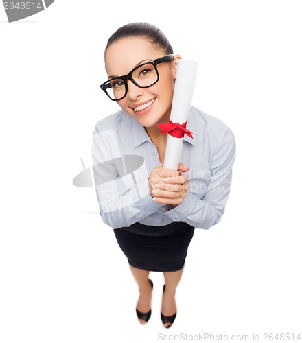 Image of smiling businesswoman in eyeglasses with diploma