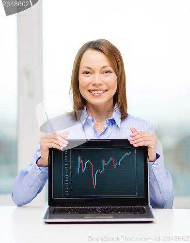 Image of businesswoman with blank black laptop screen
