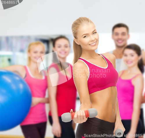 Image of young sporty woman with light dumbbells
