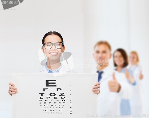 Image of female doctor in eyeglasses with eye chart