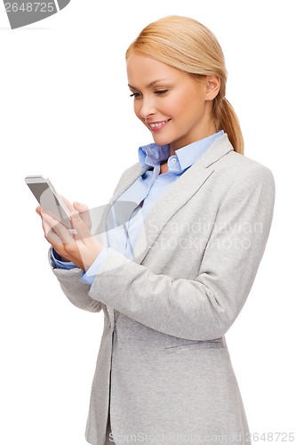 Image of smiling woman looking at smartphone