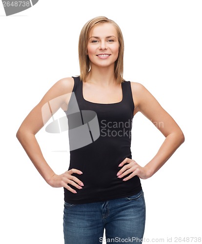 Image of smiling woman in blank black tank top