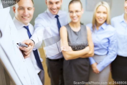 Image of smiling business team with charts on flip board