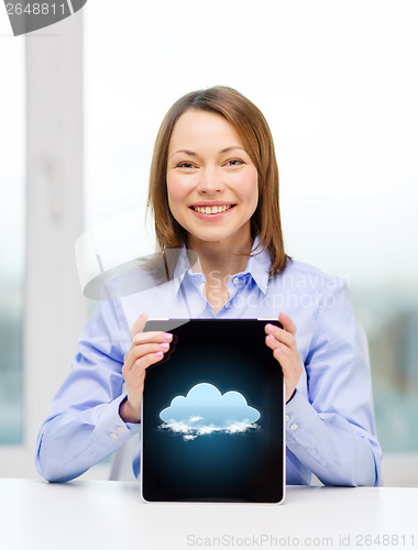 Image of smiling businesswoman with tablet pc computer