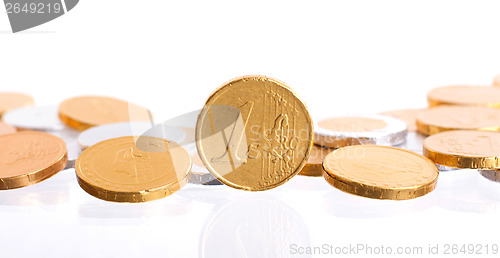 Image of Euro currency, chocolate coins isolated on white
