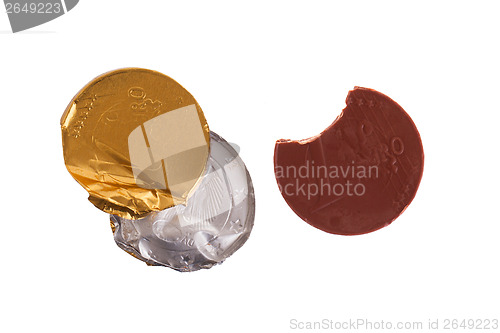 Image of Euro currency, chocolate coins isolated on white