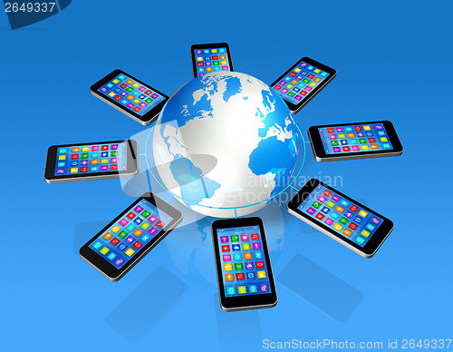 Image of Smartphones Around World Globe, Global Communication