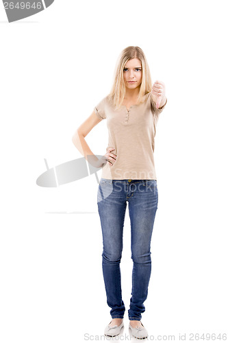 Image of Unhappy woman with thumbs down