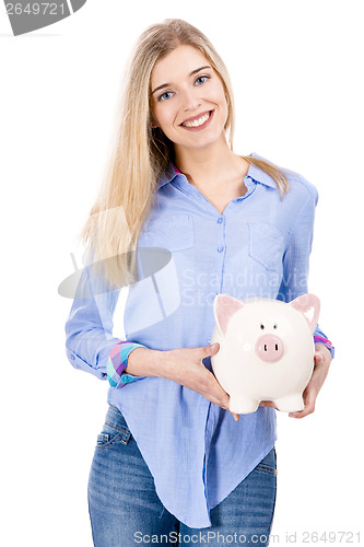 Image of Beautiful woman holding  a piggy bank