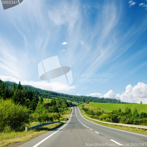 Image of asphalt road to horizon in mountain and blue sky