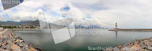Image of panorama of bay with lighthouse in Alanya