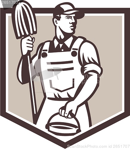 Image of Janitor Cleaner Holding Mop Bucket Shield Retro