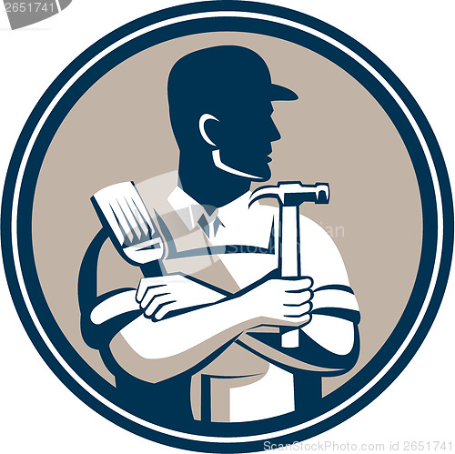 Image of Carpenter Painter Holding Hammer Brush Retro Style