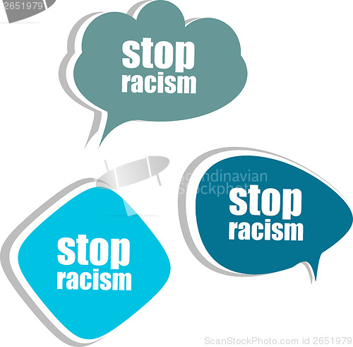Image of stop racism word on modern banner design template. set of stickers, labels, tags, clouds