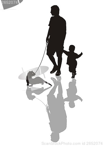 Image of Man and child with a ferret on a leash
