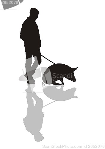 Image of Man with a pig on a leash