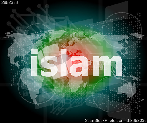 Image of islam, hi-tech background, digital business touch screen