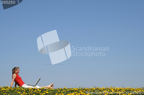 Image of Girl relaxing with laptop in flowering field