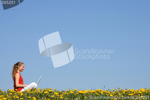 Image of Nice girl working with laptop outdoors