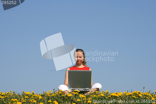 Image of Casual young woman with laptop outdoors