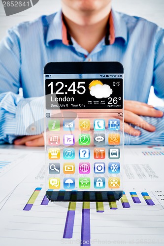 Image of Smartphone with transparent screen in human hands.