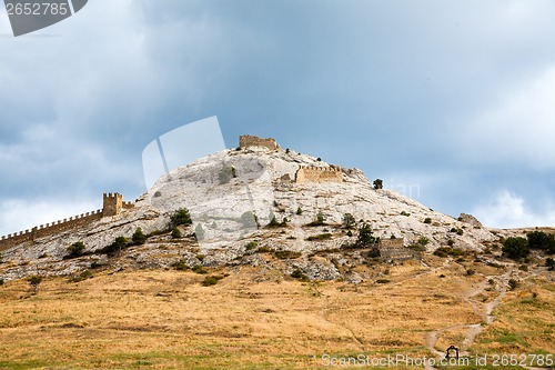 Image of Genoese fortress in Sudak. Evening view.