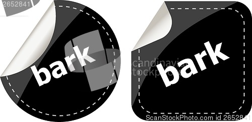 Image of bark word on black stickers button set, business label