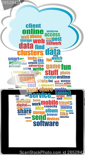 Image of communicator with social network word cloud with tablet pc