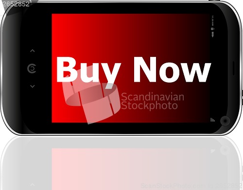 Image of smartphone with word buy now on display, business concept