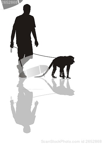 Image of Man with a monkey on a leash 