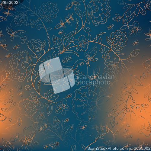 Image of bird and flower. blue background, orange spots