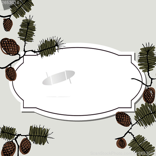 Image of frame for text with fir cone and twig
