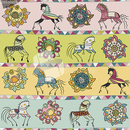 Image of seamless with horse, flower, and triangle pattern