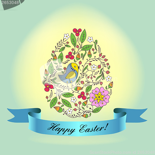 Image of egg with a blue ribbon. Easter Greeting Card