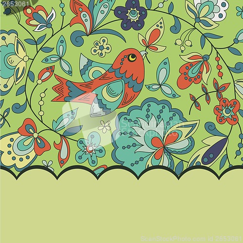 Image of postcard for text with a bird, leaves and flower