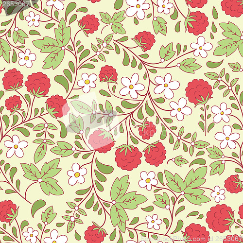 Image of seamless texture with raspberry and green leaves