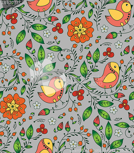 Image of orange bird, plant and flower on gray background