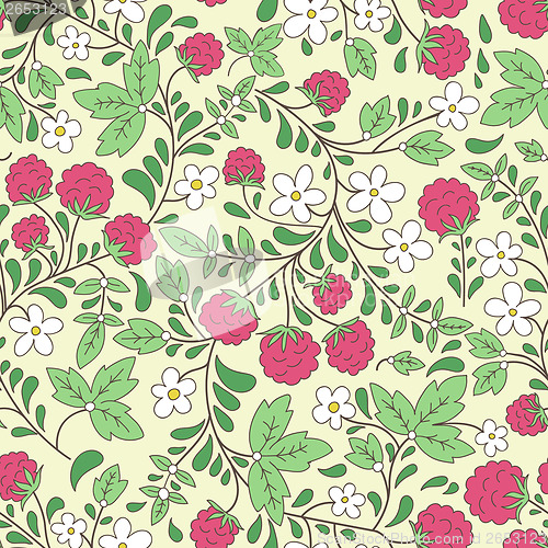 Image of seamless texture with raspberries and green leaves