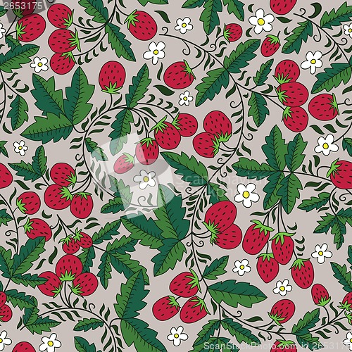 Image of seamless strawberry and leaves on gray  background