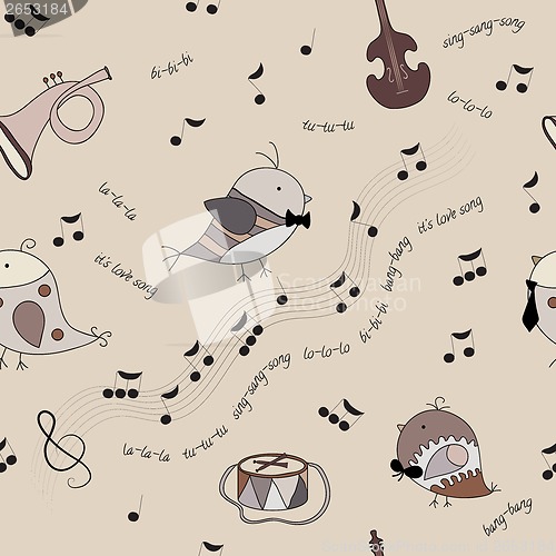 Image of birds, musical instruments, notes, song