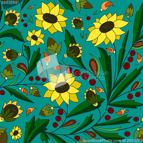 Image of sunflower and leaf on a turquoise background