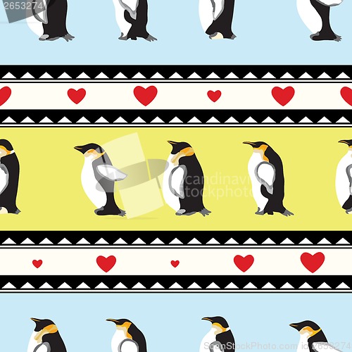 Image of texture with penguins, triangular design, hearts