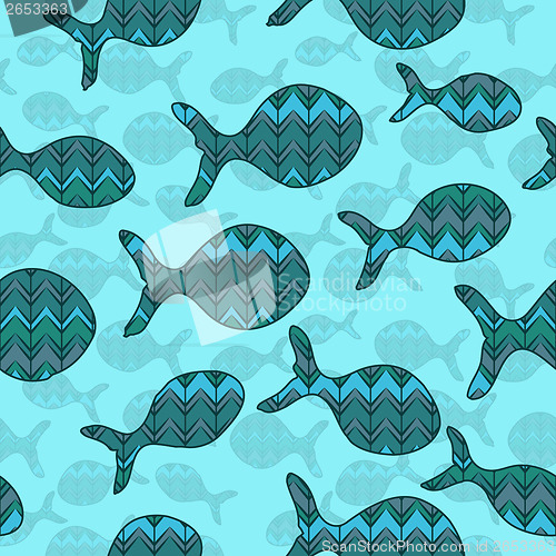 Image of seamless pattern with fish on a blue background