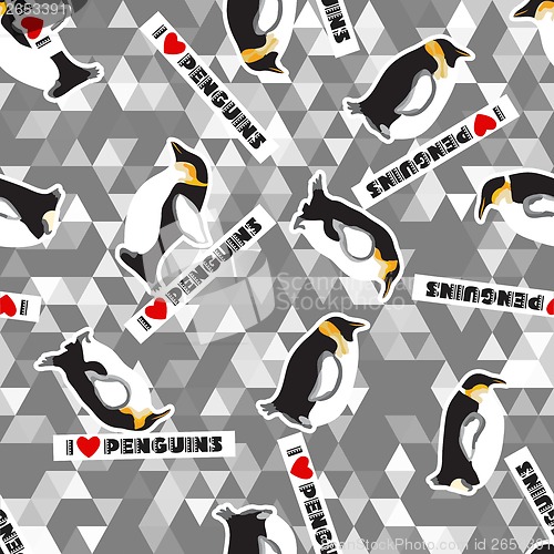 Image of penguins, hearts and a triangular design