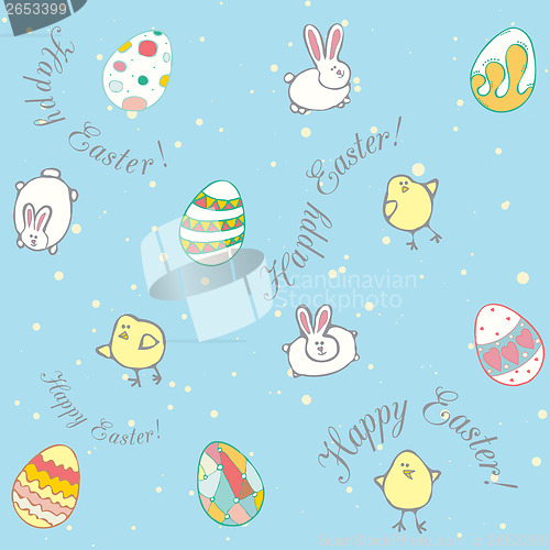 Image of Easter decorative eggs, chickens, rabbits