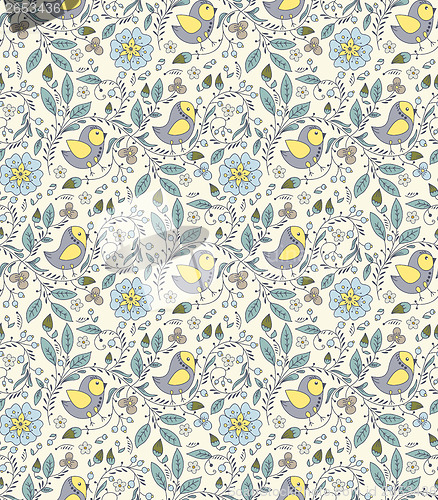 Image of bird, plant and flower on beige background
