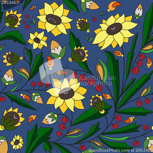 Image of sunflowers and leaves on a blue background